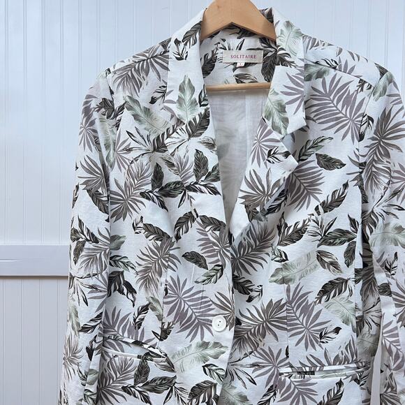 Solitaire Women's Linen Cotton Blend Palm Leaf Print Blazer Tropical Jacket - Picture 1 of 8